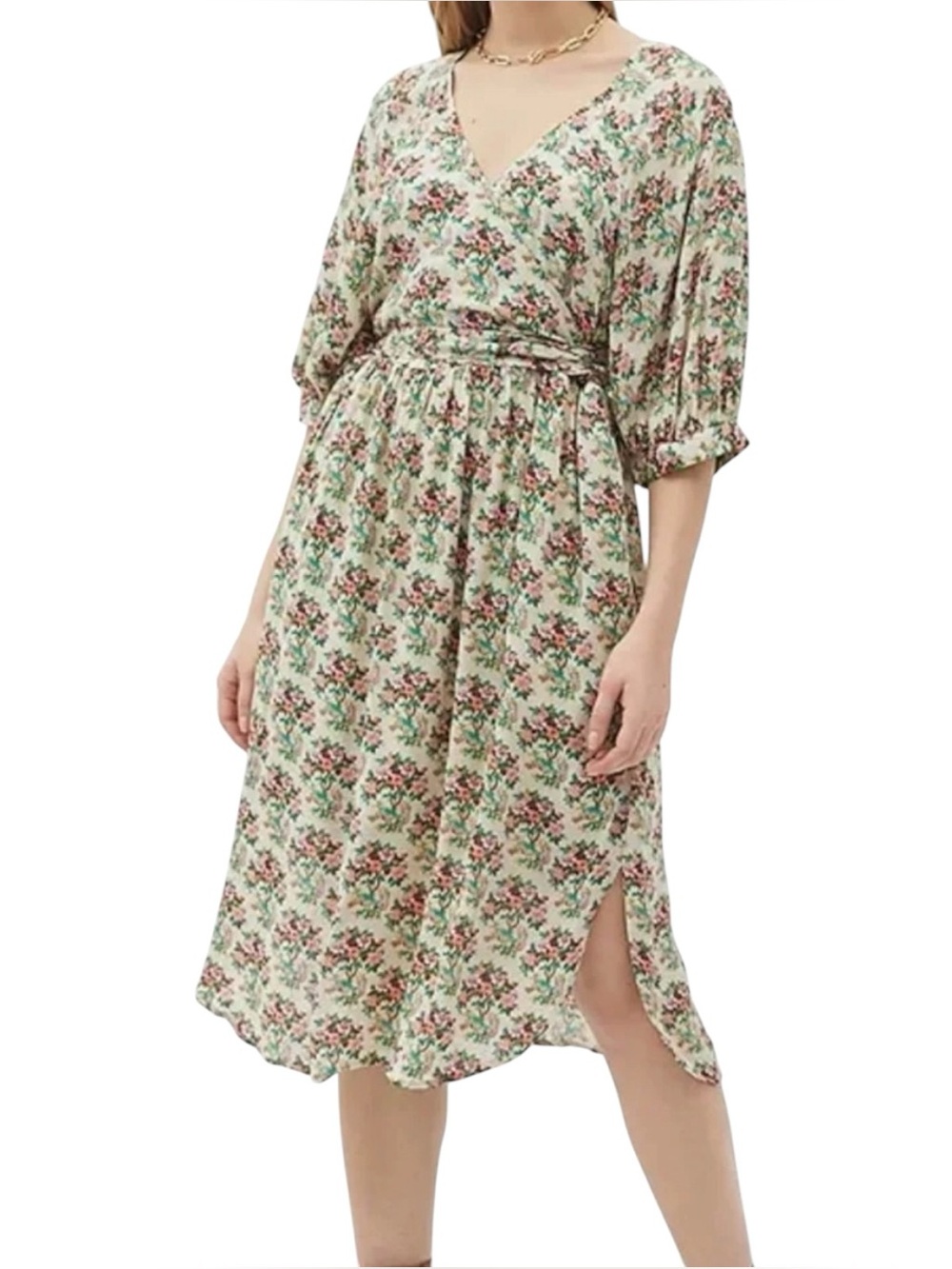 Urban Outfitters Joey Floral Faux Wrap Midi Dress M Smocked Waist Pockets